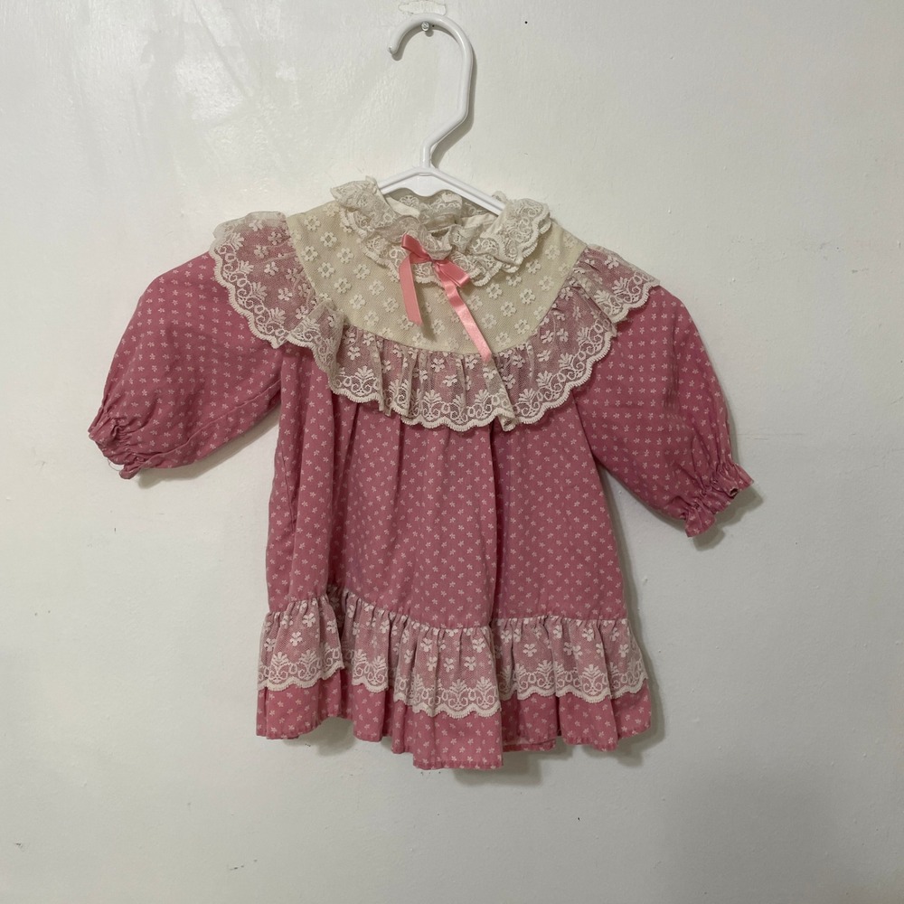 Vintage Pink Floral Lace Ruffle Dress Cottagecore Prairie Long Sleeve Kids 2T